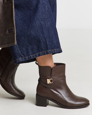 Miriam Low Block Heel Leather Ankle Boots with Trim - Wide Fit (E)