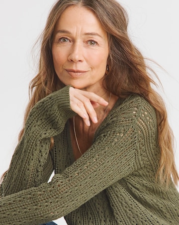 Khaki Pointelle All Over Stitch V Neck Tunic