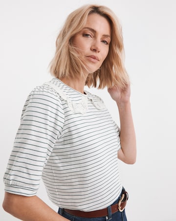 Pure Cotton Stripe Crew Neck Lace Collar Top