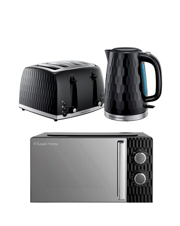 Russell Hobbs Black Honeycomb Bundle - Kettle, 4 Slice Toaster & Microwave