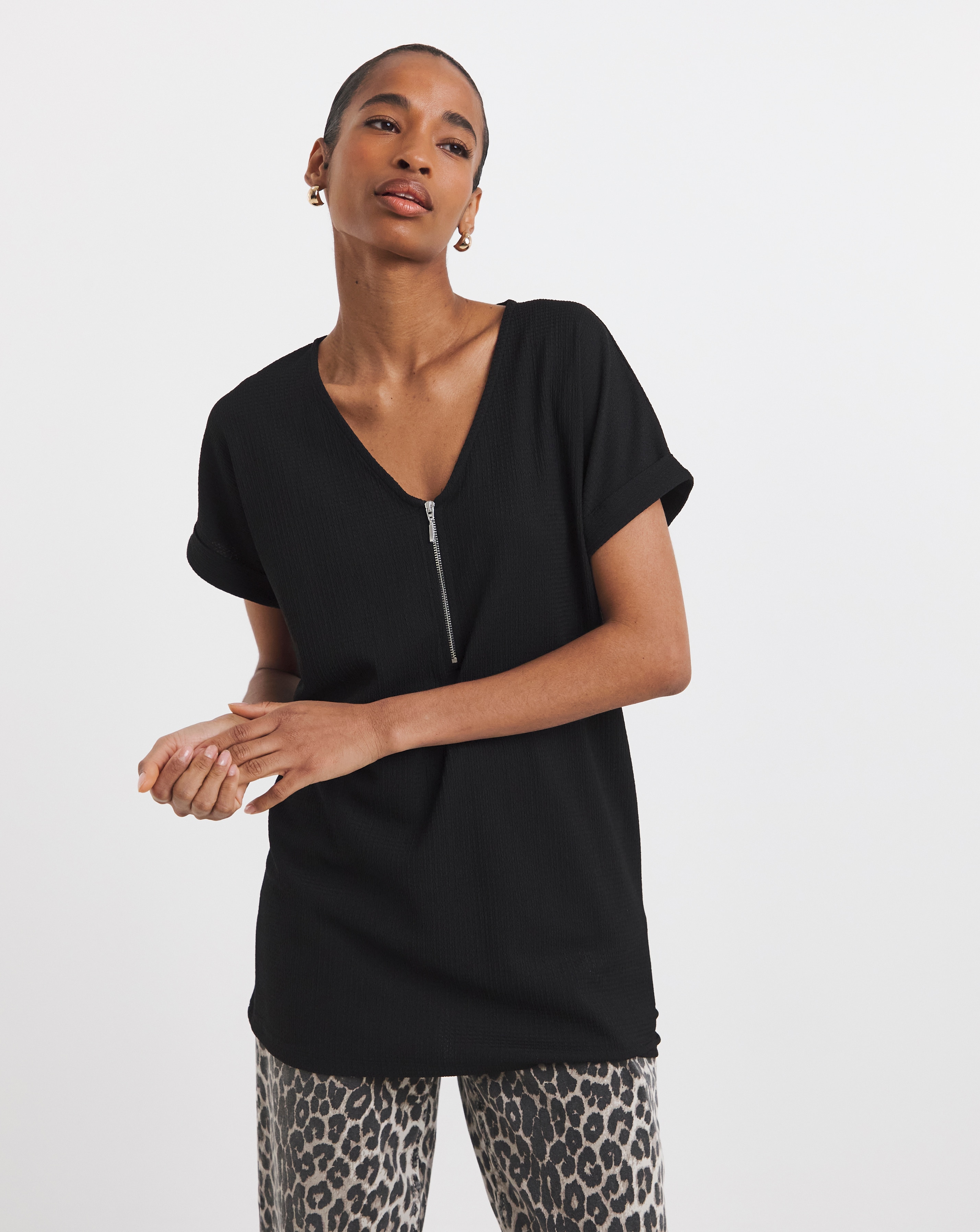 V-neck Zip Front Longline Top | JD Williams