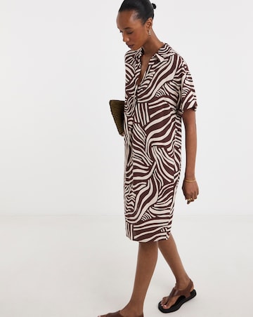 Linen Mix Collared Short Sleeve Tunic Dress