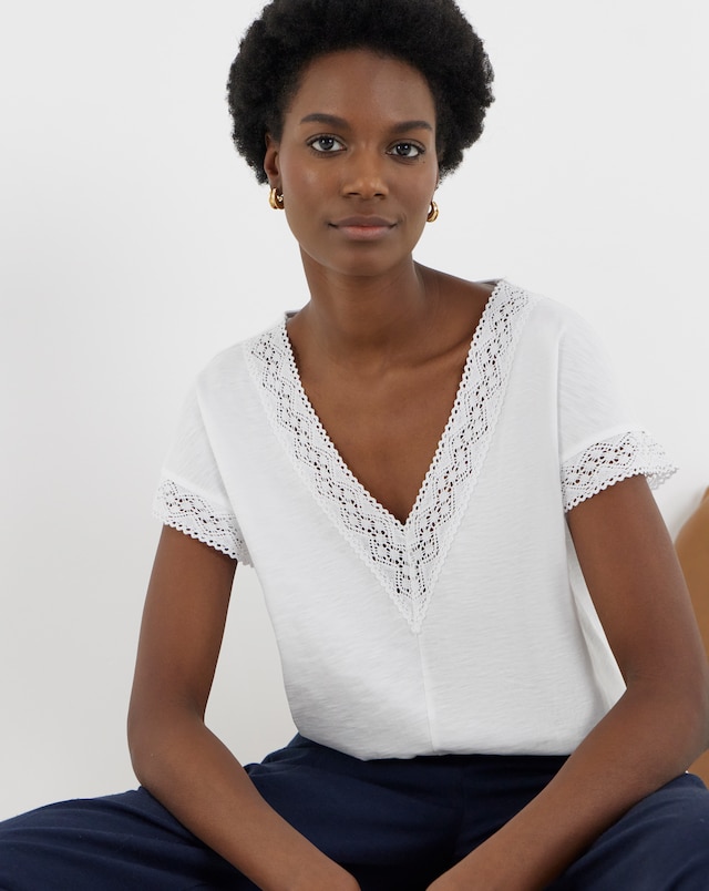 White Bubble Hem Lace Trim Top