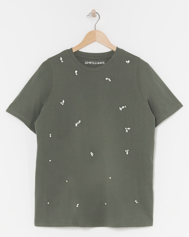 Pure Cotton Charcoal Crew Neck Scatter Embellished T-shirt