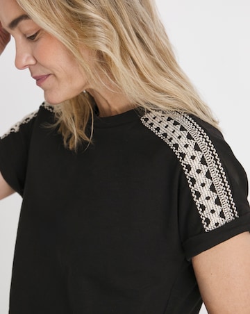 Black Crew Neck Embroidered Shoulder T-Shirt