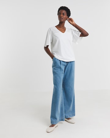 V-Neck Broderie Yoke and Sleeve Bubble Hem Top