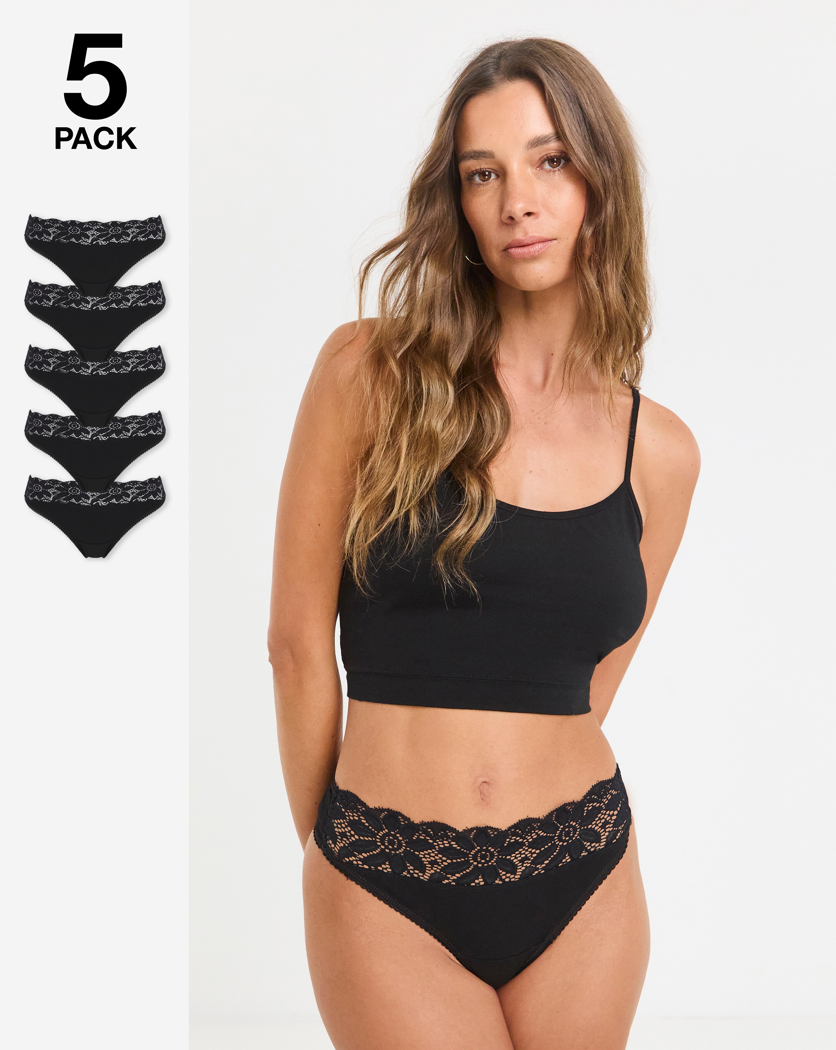 Pretty Secrets (5 Pack) Lace Top Thong Knickers Black