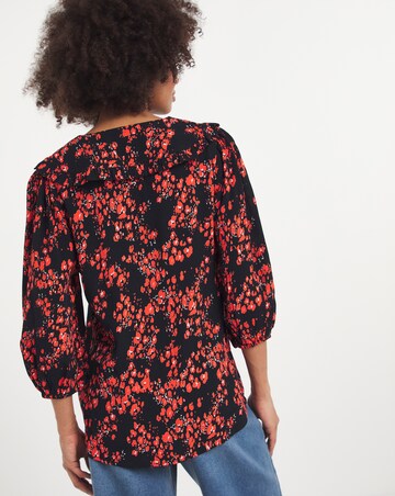 Red Animal Print V Neck Statement Collar Shirt