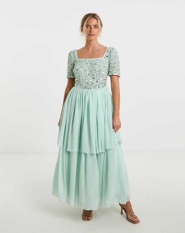 Maya Curve Sequin Embellished Tiered Tulle Maxi Dress