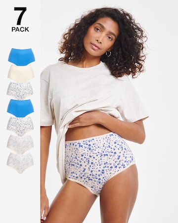Pretty Secrets (7 Pack) Cotton Full Fit Brief Knickers Blue Floral