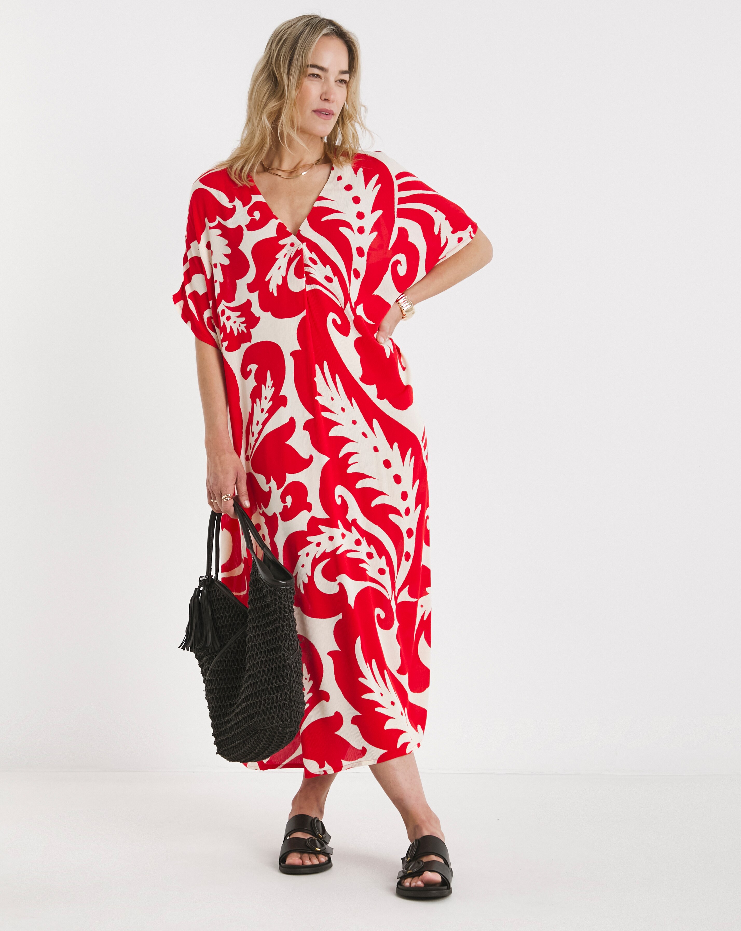 Textured Crinkle Kaftan Overhead Midi Dress