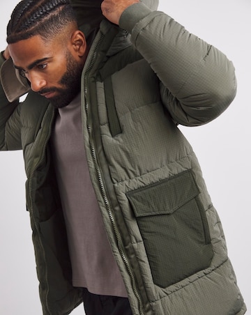 Khaki Mid Length Ripstop Padded Coat