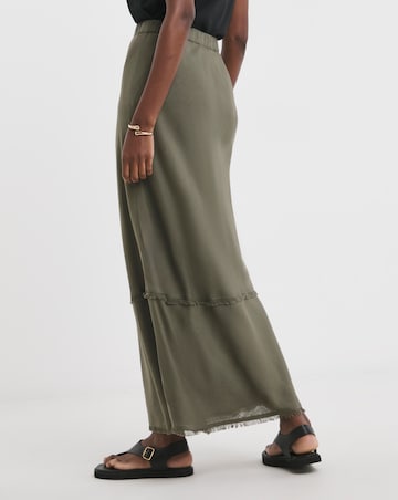 Khaki Linen Mix Frayed Hem Skirt