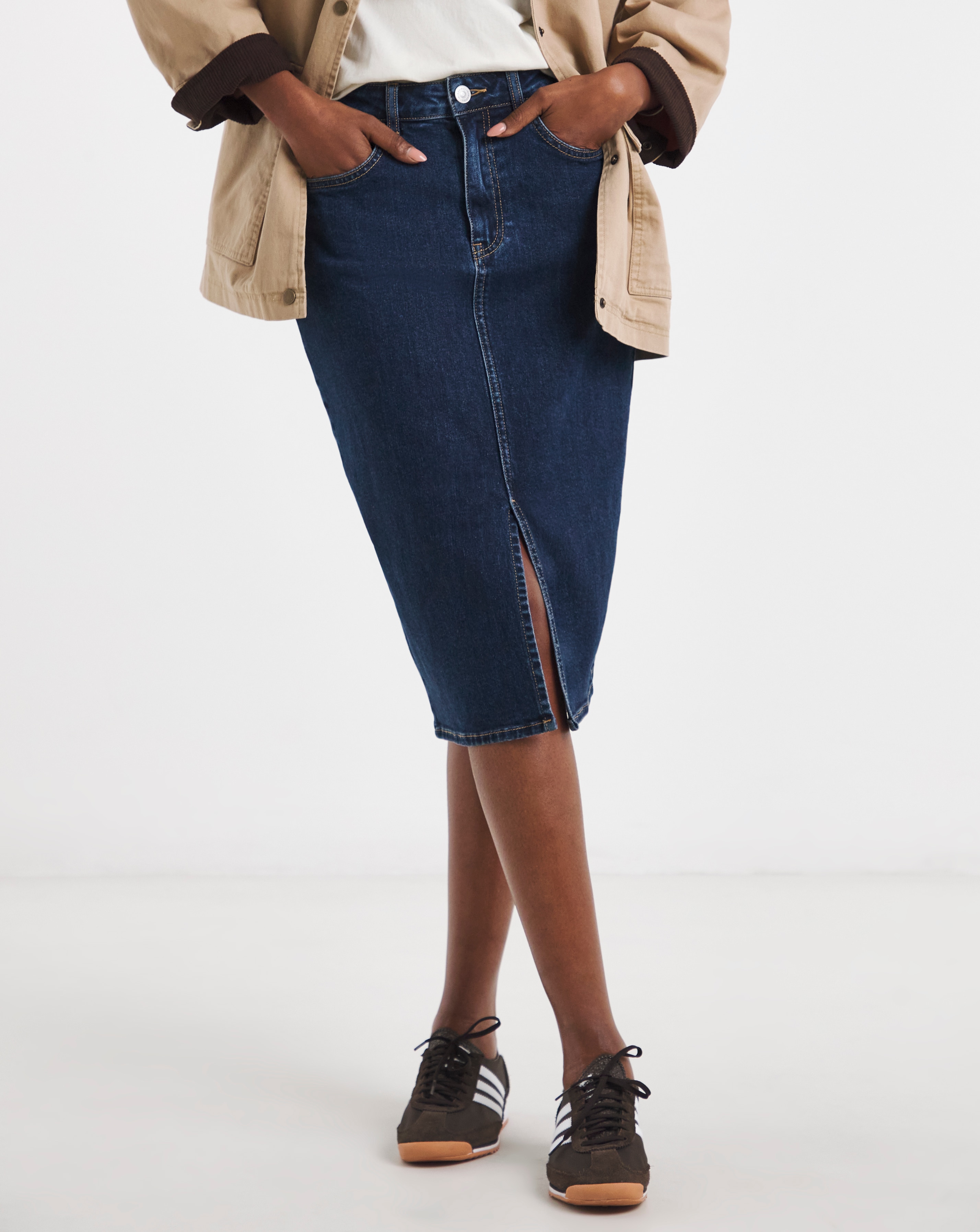 Mid Blue Over The Knee Denim Skirt | JD Williams