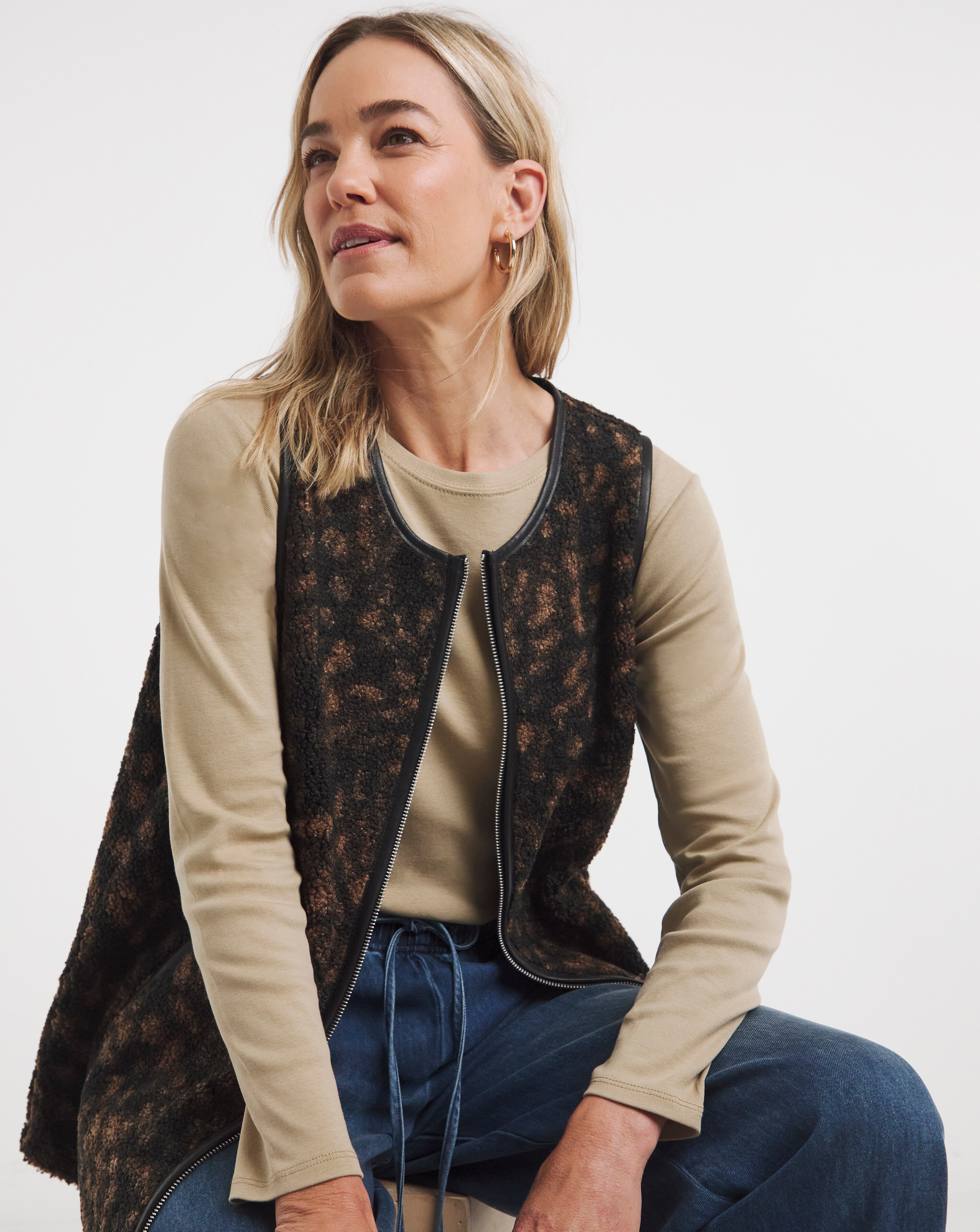 Black Print Longline Borg Gilet