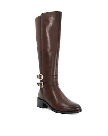 Dune Tatter Brown Leather Stretch-Back Knee-High Boots Standard Fit