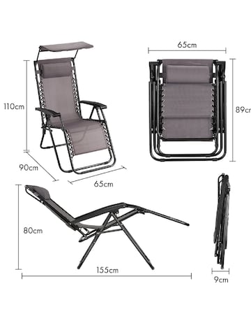 VonHaus Verona Grey Zero Gravity Reclining Garden Chairs with Canopy - Set of 2