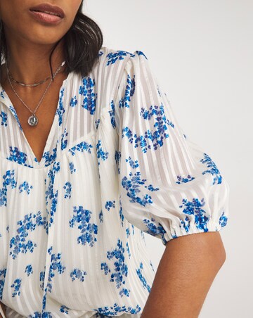 Blue Floral Print Burnout Stripe Top