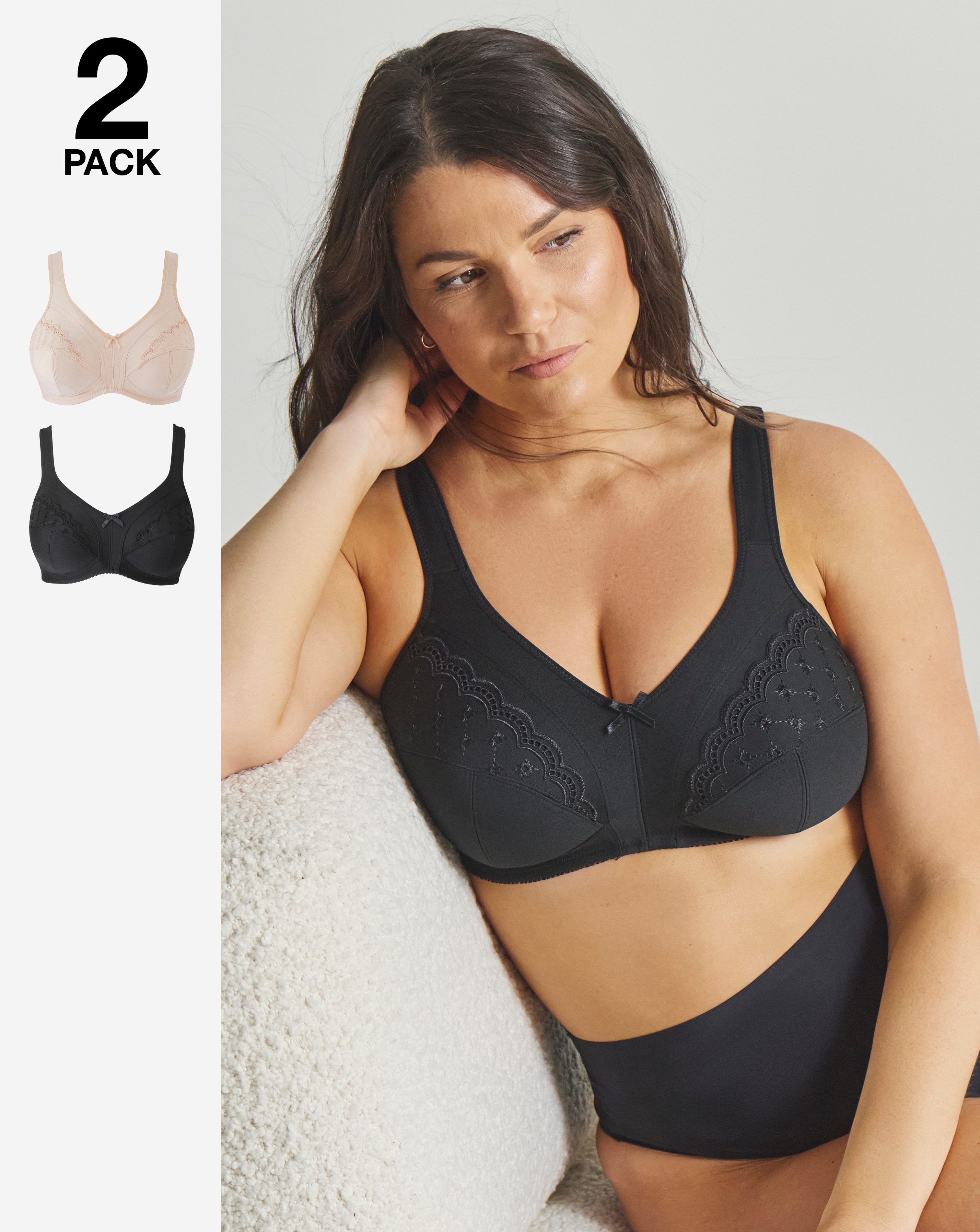 Pretty Secrets (2 Pack) Sally Non Wired Minimiser Bras (C-L) Black/Almond