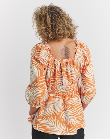 Orange Print Square Neck Linen Top