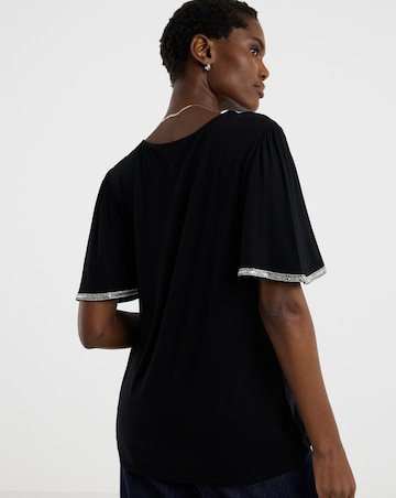 Diamante Trim Crew Neck Angel Sleeve Top