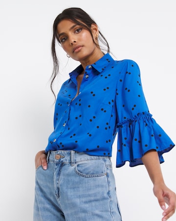 Blue Spot Short Sleeve Frill Cuff Shirt