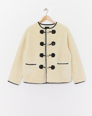 Cream Collarless Duffle Teddy Jacket