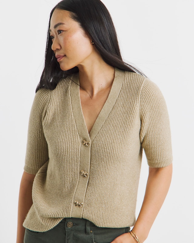 Bow Button V Neck Short Sleeve Cardigan