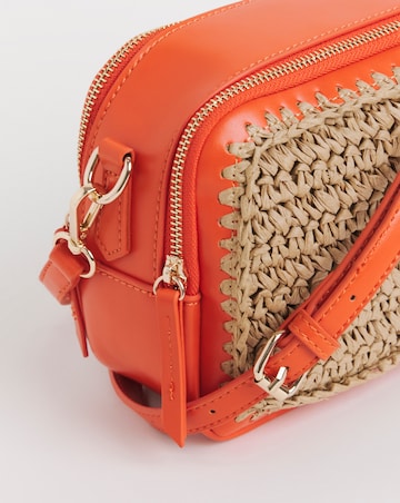Orange Detail Raffia Camera Bag