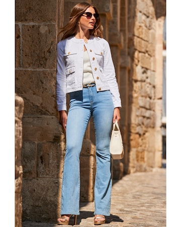 Sosandar White Round Neck Pocket Front Denim Jacket