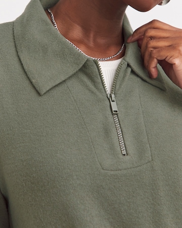 Khaki Collared Zip Front Soft Touch Longline Top