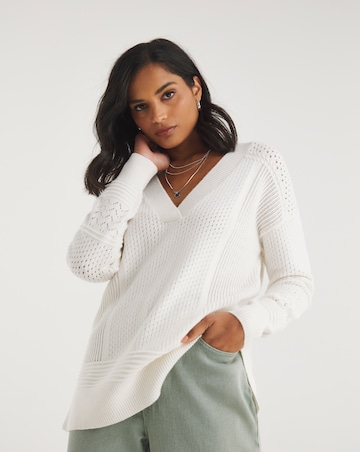 Ivory Multi Stitch Detail V Neck Jumper