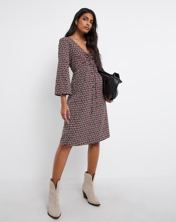 Geo Print Ruched Tie Neck A-Line Dress