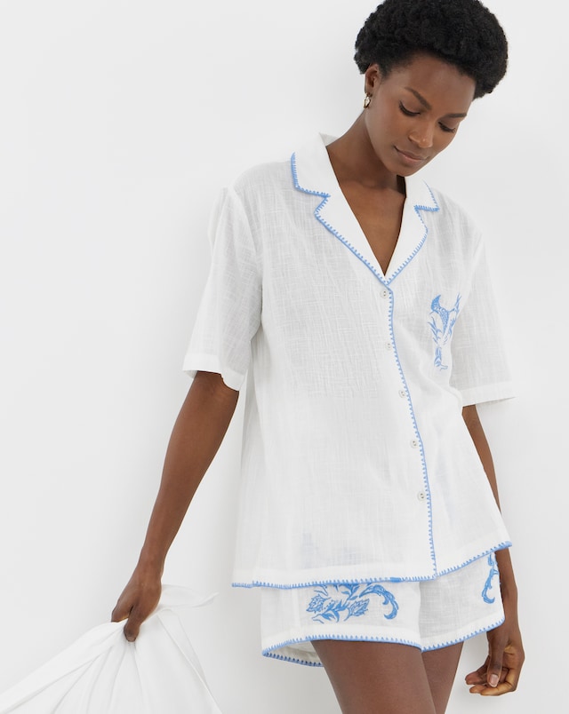 Figleaves Embroidered Cotton Pyjama Shortie Set