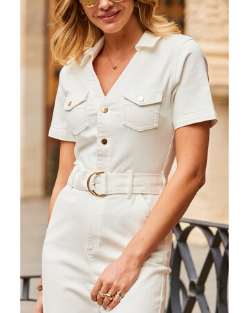 Sosandar Ivory D Ring Belt Culotte Denim Jumpsuit