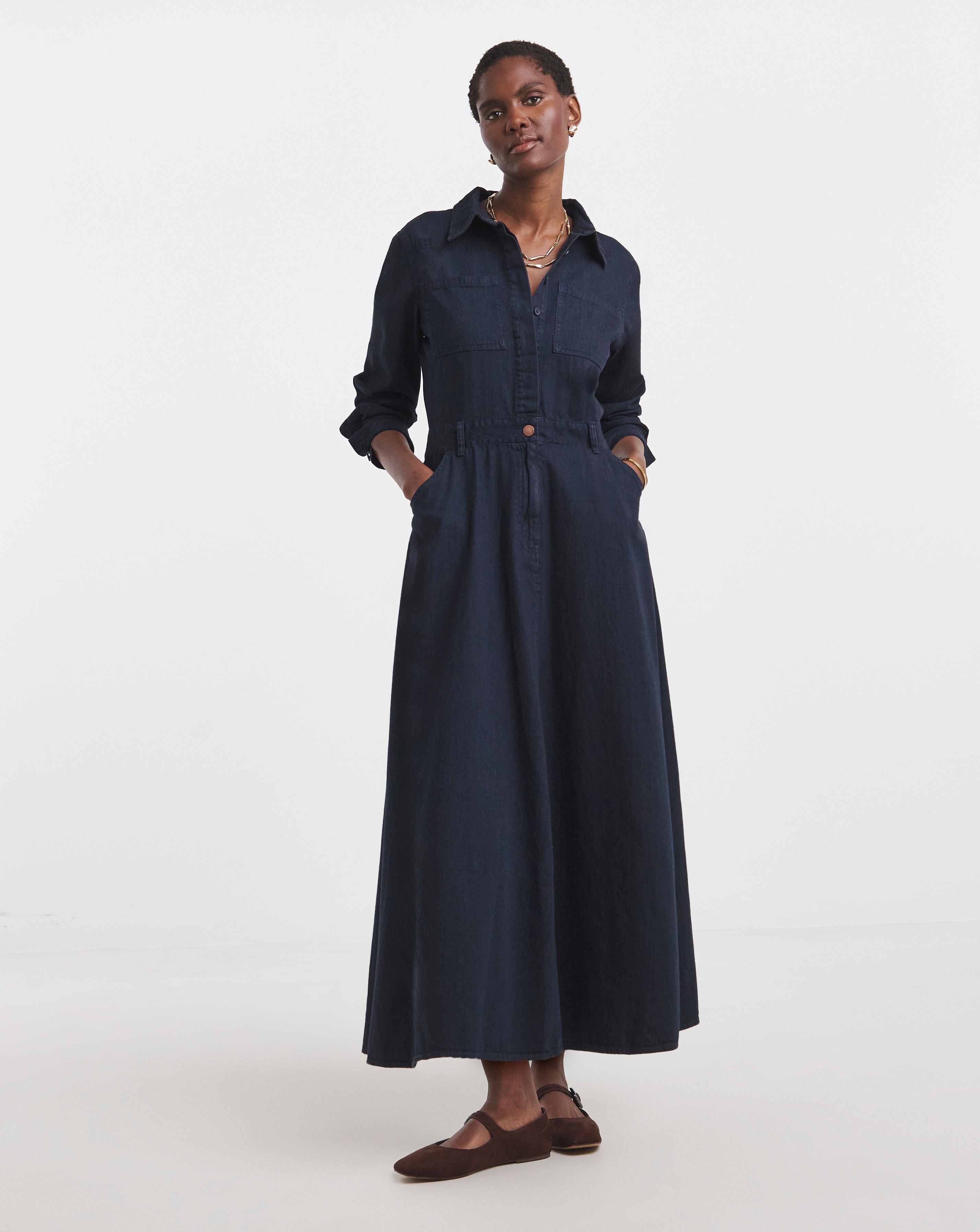 Pure Cotton Dark Blue Denim A Line Shirt Dress