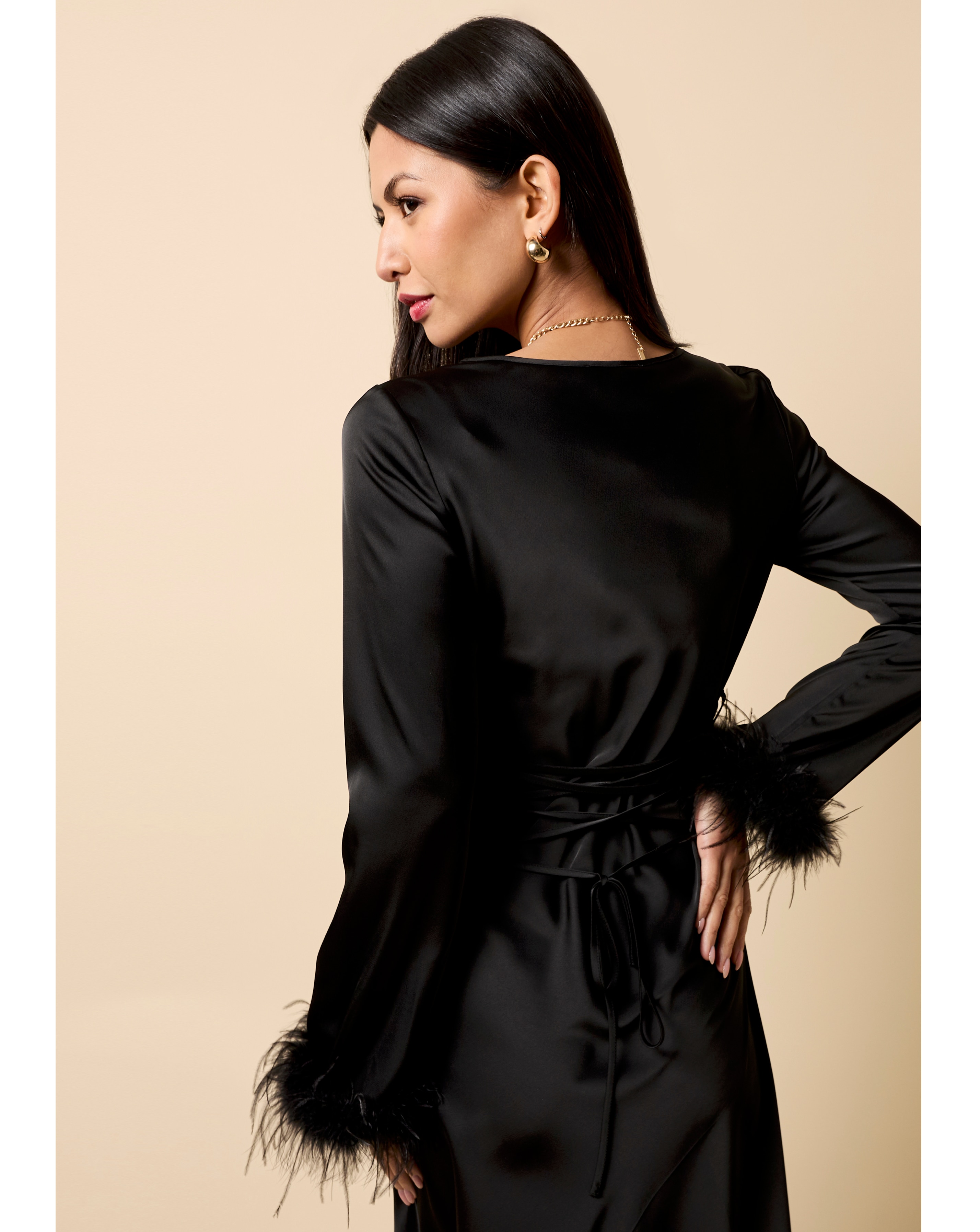 Little Mistress Black Satin Feather Trim Sleeve Midaxi Dress | JD