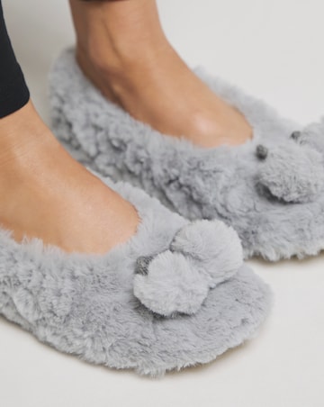 Ebony Pom Pom Ballerina Slippers - Extra Wide Fit (EEE)