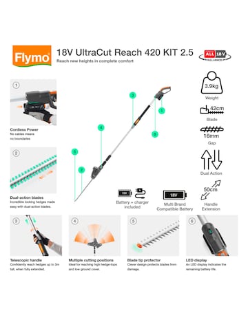 Flymo UltraCut Reach 420 Telescopic Hedge Trimmer Battery & Charger