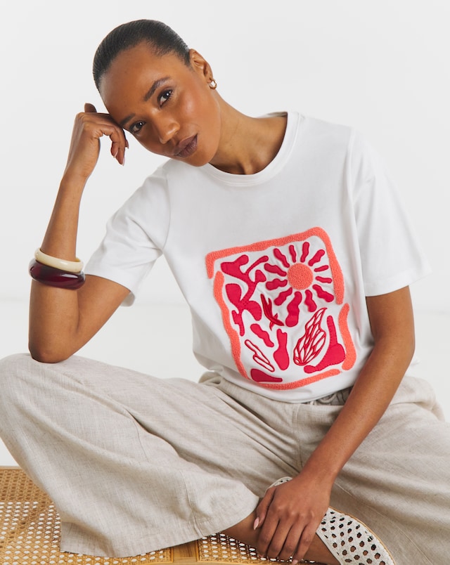 White Applique Sun Cotton T-Shirt