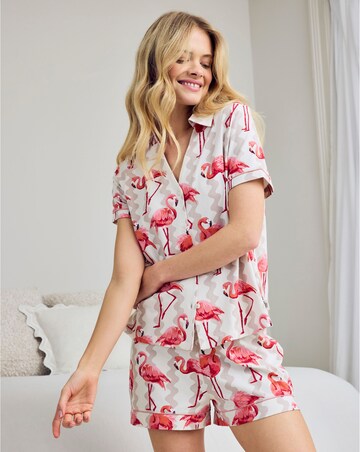 Chelsea Peers Organic Cotton Button Up Pyjama Short Set Flamingo Stripe Print