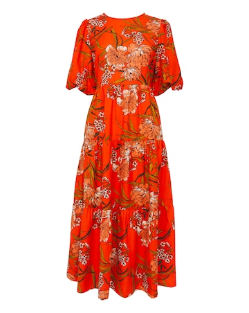 Linen Mix Smock Dress With Puff Sleeves and Open Back