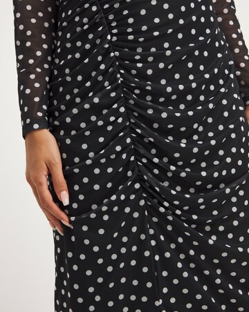 Spot Mesh Ruched Midi Dress
