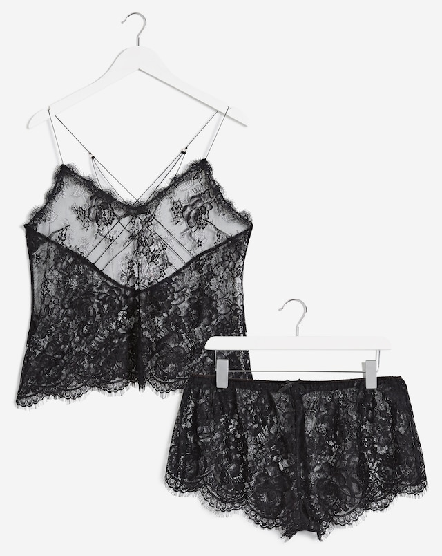 Figleaves Gigi Galloon Lace Cami and Short Set - Black