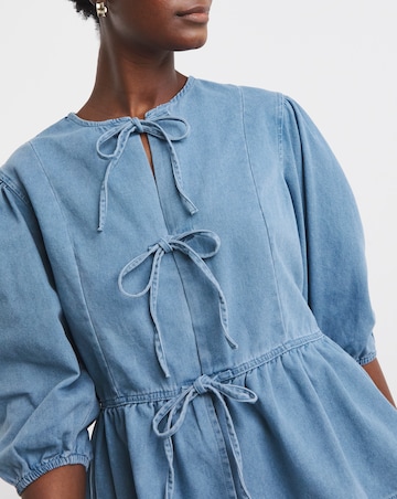 Light Blue Peplum Puff Sleeve Denim Top