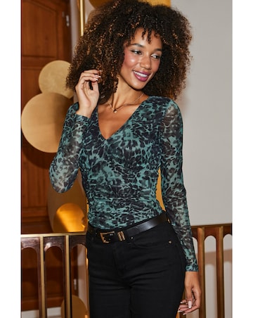 Sosandar Green Animal Mesh V Neck Top