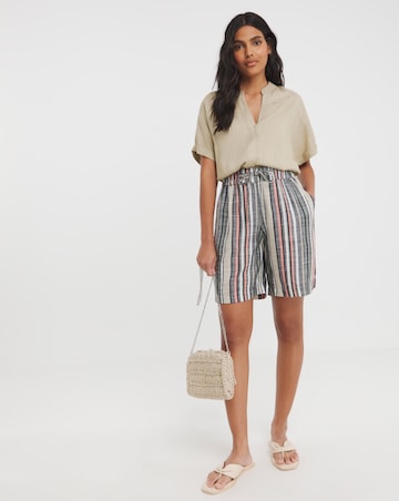 Pink Stripe Linen Mix Knee Length Shorts