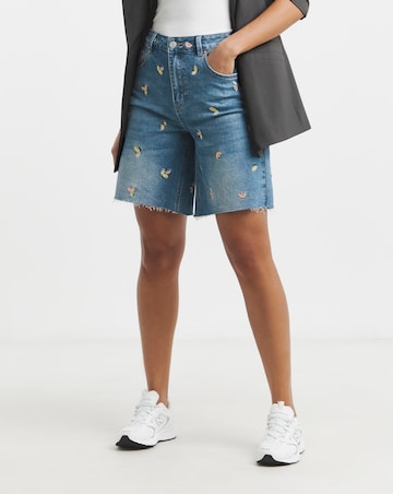 Simply Be Mid Blue Fruit Embroidered Denim Bermuda Short