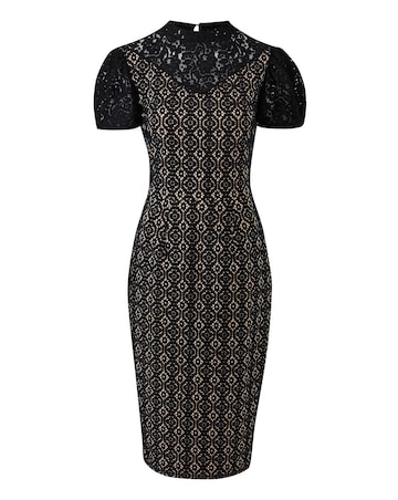 Black/Nude Puff Sleeve Lace Shift Dress