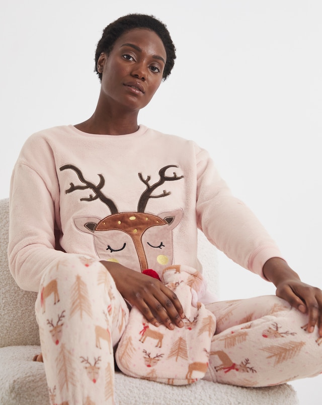 Pretty Secrets Reindeer Giftable Fleece Pyjama Set & Hot Water Bottle